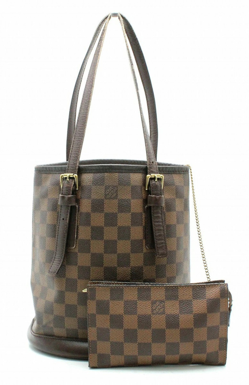 Louis Vuitton Damier Mare Tote Pouch Bucket Shoulder Bag Canvas Leather Brown